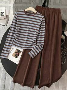 SHEIN PETITE Striped Long‑Sleeve Ruched Top & Solid Wide‑Leg Pants 2‑Piece Set Casual Slim Fit Women Outfit - Multicolor - View 4