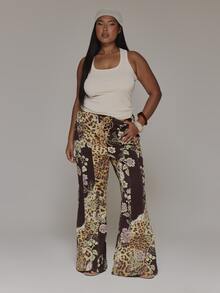 MUSERA Plus Size Leopard Print Floral Detail Lace Up Flare Trousers Spring Summer Casual Everyday Day Outfit Going Out - Multicolor - View 1