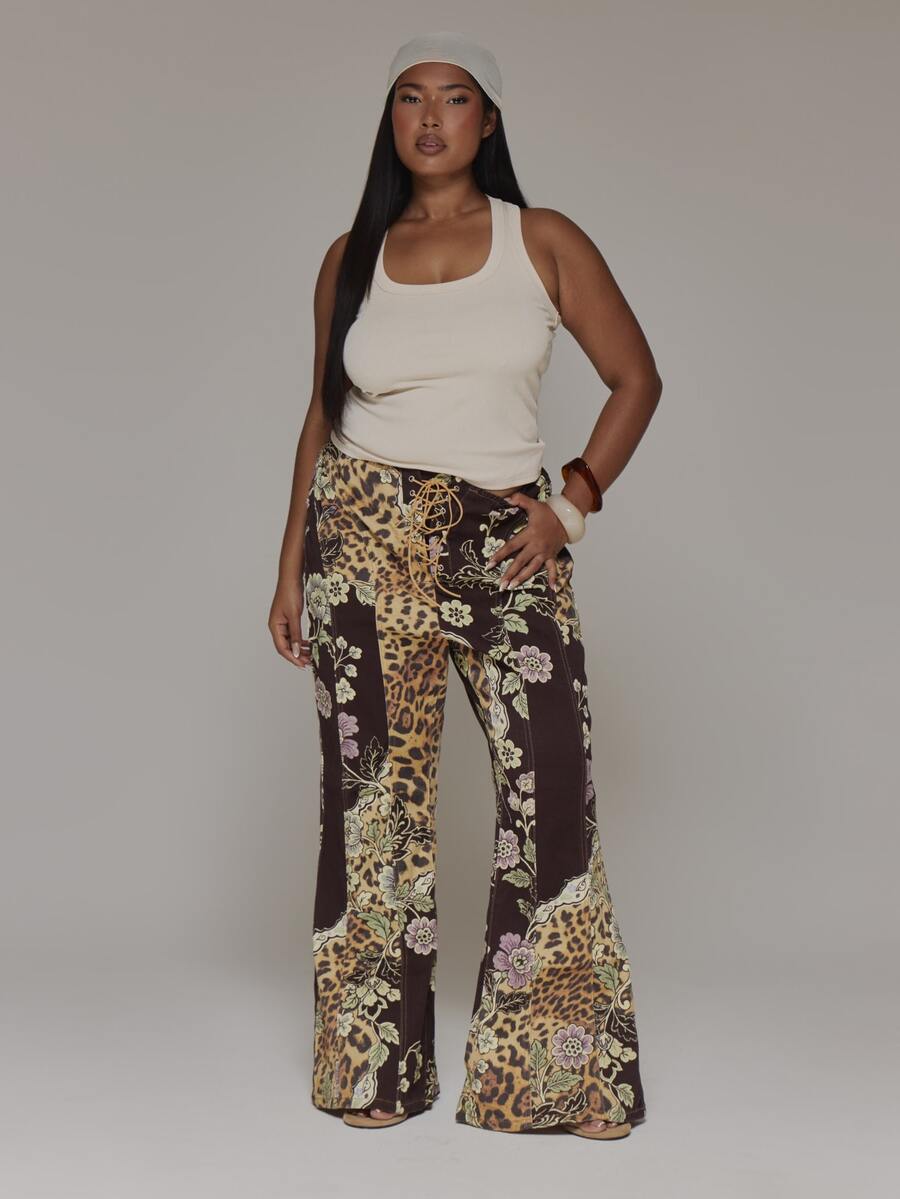 MUSERA Plus Size Leopard Print Floral Detail Lace Up Flare Trousers Spring Summer Casual Everyday Day Outfit Going Out - Multicolor - View 1