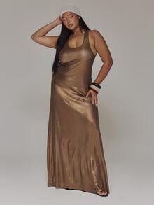 MUSERA Gold Sheer Detail Fitted Maxi Dress Casual Cool Basic Fall Winter Autumn - Brown - View 3