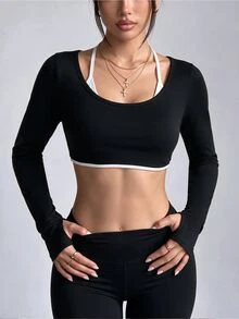SHEIN Sports 女款長袖圓領修身時尚運動短版T恤 - 黑色 - 查看 5