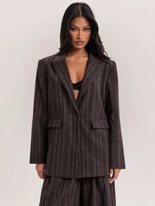 SHEIN BAE Women's Casual Striped Long Sleeve Blazer Jacket For Office And Business - Brown - View 7