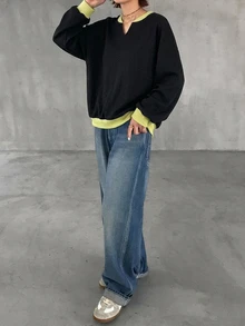 FRIFUL Sweatshirt Longgar Wanita Gaya Korea Baru Awal Musim Gugur dengan Kain Waffle Warna-warni - Hitam - View 5