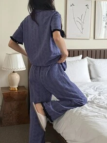 DAZY Fog Blue Women's Summer Pajama Set, 2-Piece Set With Tassel Trim, Pocket, Penguin Print, Lapel Collar, Short Sleeve Cardigan And Long Pants - Blue - View 2