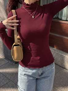 DAZY 女款素色修身百搭長袖T恤，適合日常穿著 - 酒紅色 - 查看 6