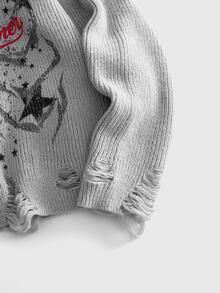 ROMWE MEN Men's Wasteland Skull Print Streetwear Distressed Cardigan Loose Fit Sweater - Light Grey - View 5