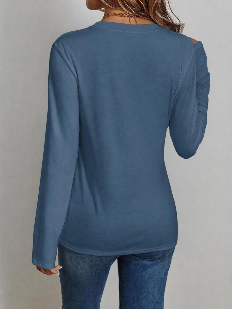 EMERY ROSE Casual Minimalist Pure Cotton Regular Fit V-Neck Long Sleeve Women's T-Shirt, Suitable For Autumn/Winter - Dusty Blue - View 2