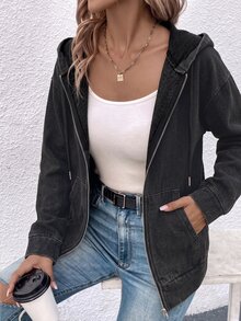 SHEIN LUNE Women's Hooded Zipper Pocket Denim Jacket - Dark Grey - View 1