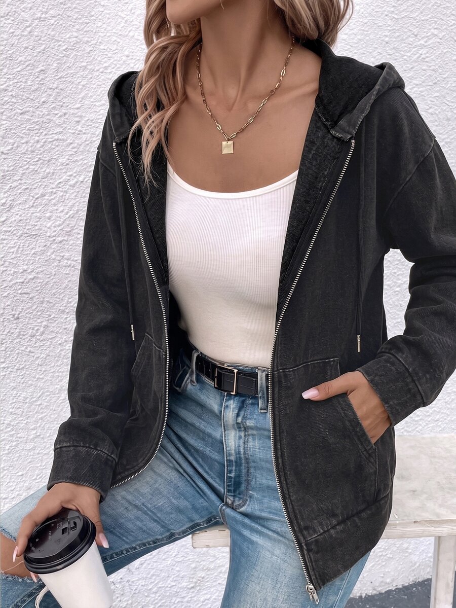 SHEIN LUNE Women's Hooded Zipper Pocket Denim Jacket - Dark Grey - View 1