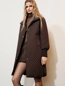 Aveloria Modichic Women's Coat Mid-Length Straight Quilted Stand Collar Single-Breasted Pockets Ribbed Cuffs Commute Brown Diamond Winter Jacket Office Outfit - Brown - View 5