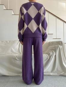 DAZY Women's Fashion Colorblock Long Sleeve Top And Pants Pajama Set - Purple - View 2