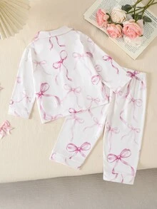 SHEIN 1 Set Baby Girl Sweet Cute Elegant Skin-Friendly Soft Comfortable Casual Daily Pink Heart Bow Rabbit Cartoon Print Open Front Knit Long Sleeve Top And Pants 2 Pieces Set Loungewear - Baby Pink - View 3