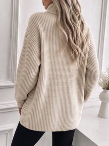 Elafinee Women's High Collar Dropped Shoulder Loose Lazy Long Sleeve Large Pocket Thickened Mid-Length Sweater, Autumn/Winter - Apricot - View 2