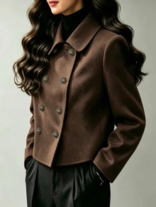SHEIN Women's Commuter Street Minimalist Fashion Casual Versatile Brown Lapel Double-Breasted Bronze Button Long Sleeve Napoleon Style Overcoat, Suitable For Outings, Gatherings With Friends, Home, Shopping, Entertainment, Work And More, All-Match Style With Comfortable Fabric, Unique Design, High Cost-Performance, Suitable For Spring, Autumn And Winter - Brown - View 7