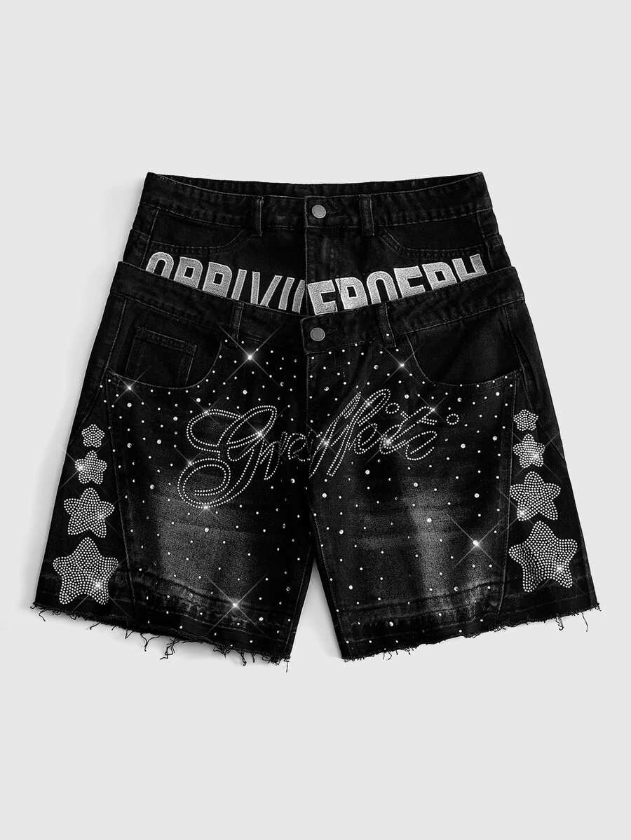 ROMWE MEN Goth Men's Streetwear Double Waistband Embroidered Rhinestone Denim Shorts - Black - View 1