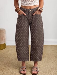 SHEIN PETITE 女款時尚提花鈕扣口袋牛仔短褲 - 咖啡棕 - 查看 5