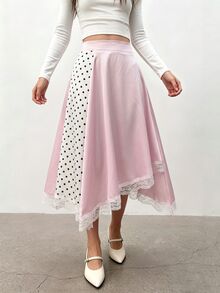 Lumivelle Women's Sweet Polka Dot Print Contrast Lace Trim Asymmetrical Skirt - Pink - View 4
