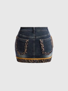ROMWE J-Fashion Plus Size Y2K Vintage Leopard Print Faux Fur Patchwork Denim Mini Skirt - Blue - View 2
