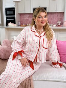 Slumberry CURVE Sweet & Cute Striped Heart Print Petal Sleeve Ruched Button-Front Plus Size Pajama Set, Wearable As Loungewear - Multicolor - View 4