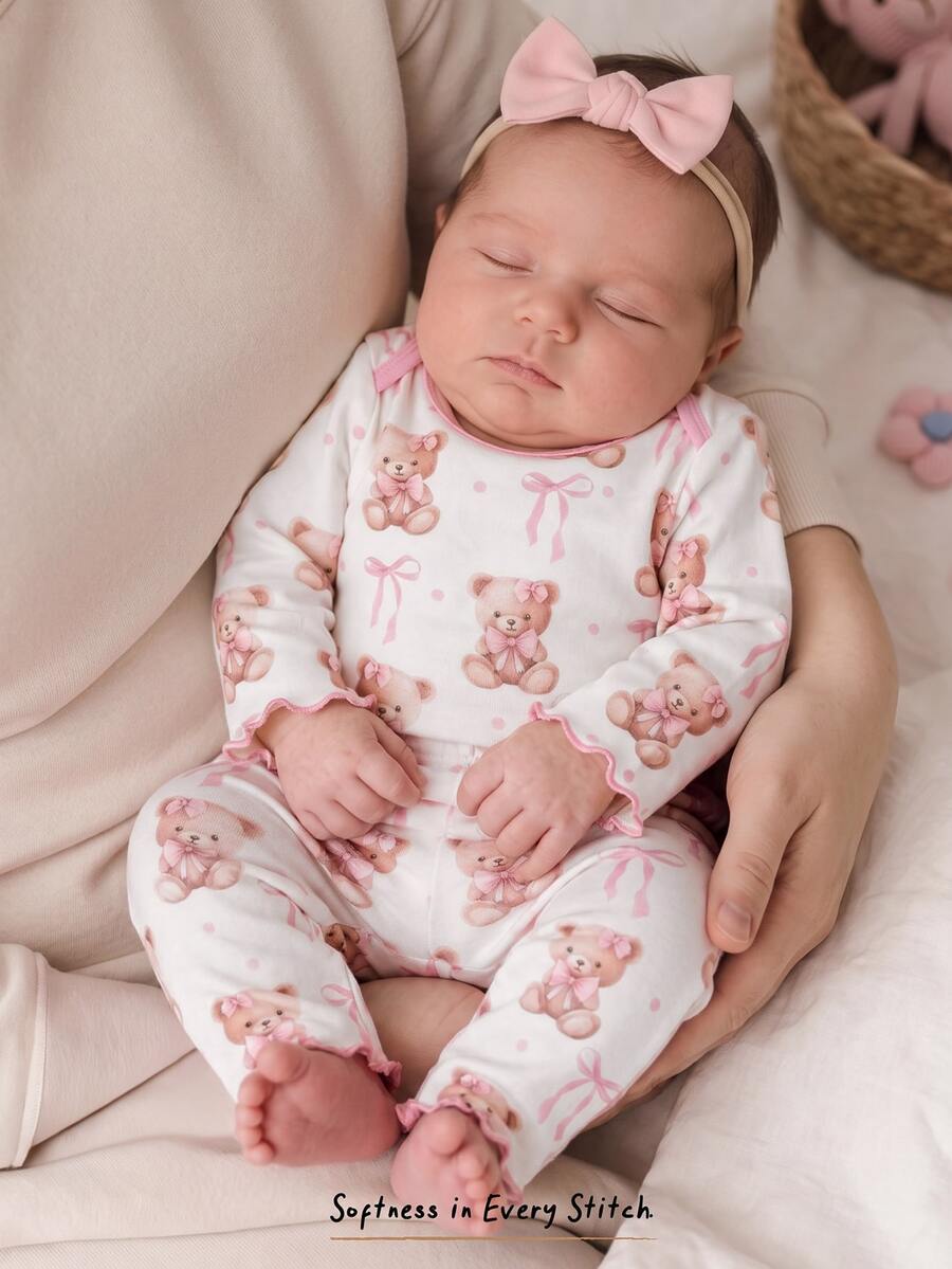 Newborn Baby Girl Cute Cartoon & Floral Pattern Long Sleeve Loungewear Set Autumn - Multicolor - View 1