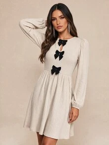 Amorya Women's Bow Decor Bubble Long Sleeve Elegant Midi Dress - Multicolor - View 7