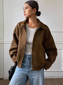 DAZY Women's Solid Color Lapel Dropped Shoulder Sleeve Zipper Jacket, Autumn/Winter - Brown - View 8
