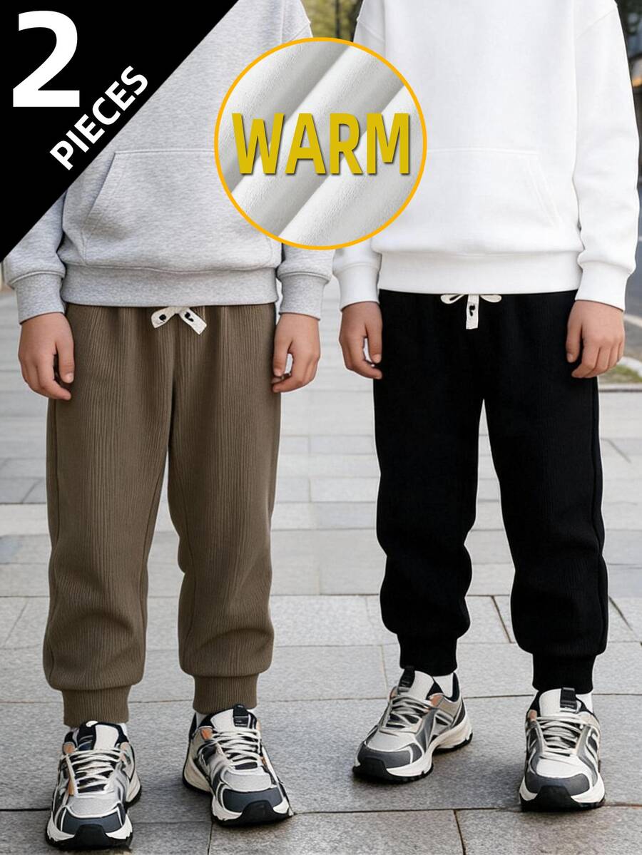 2pcs/Pack Boys Thermal Lined Thick Casual Sweatpants, Joggers, Sports Long Pants, Autumn/Winter - Multicolor - View 1