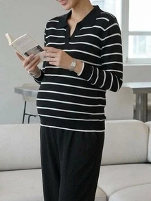 DAZY Contrast Stripe Loose Long Sleeve Collared Casual Daily Vacation Korean Style Autumn/Winter Knit Sweater For Pregnant Women - Black - View 5
