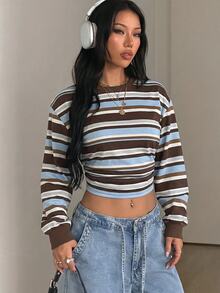 Coolane Women's Striped Crew Neck Drop Shoulder Long Sleeve Casual Cropped Sweatshirt - White - View 8
