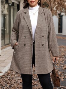 Chikora Plus Size Women's Houndstooth Lapel Neck Long Sleeve Double-Breasted Blazer - Brown - View 7