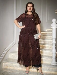 Reflora Plus Size Women's Solid Color Round Neck Short Sleeve Sequin Elegant Dress - Brown - View 4