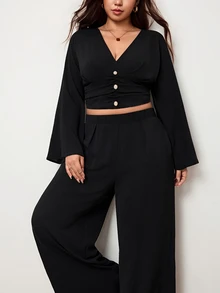 Truni Plus-Size Women's Elegant V-Neck Fitted Top And Trousers SetPear Body,Triangle Body - Black - View 8