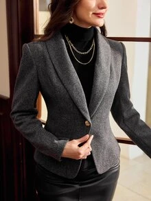 Vintamour Blazer Kasual Wanita Warna Polos Kerah Syal Lengan Panjang Kancing Tunggal - Dark Grey - View 6