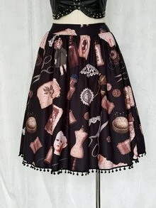 Sunspun Plus Size Fashion Dark Doll Print Tassel Decor Skirt Fall - Black - View 5