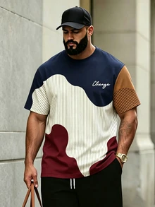 Manfinity Homme Men's Plus Size Crew Neck Colorblock Casual Comfortable T-Shirt - Multicolor - View 3