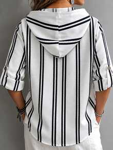 EMERY ROSE Plus Size Women's Striped V-Neck Long Sleeve Hooded Casual Shirt, Designed For Autumn/Winter, Vacation, Outings, Commuting And Other Occasions - Multicolor - View 2