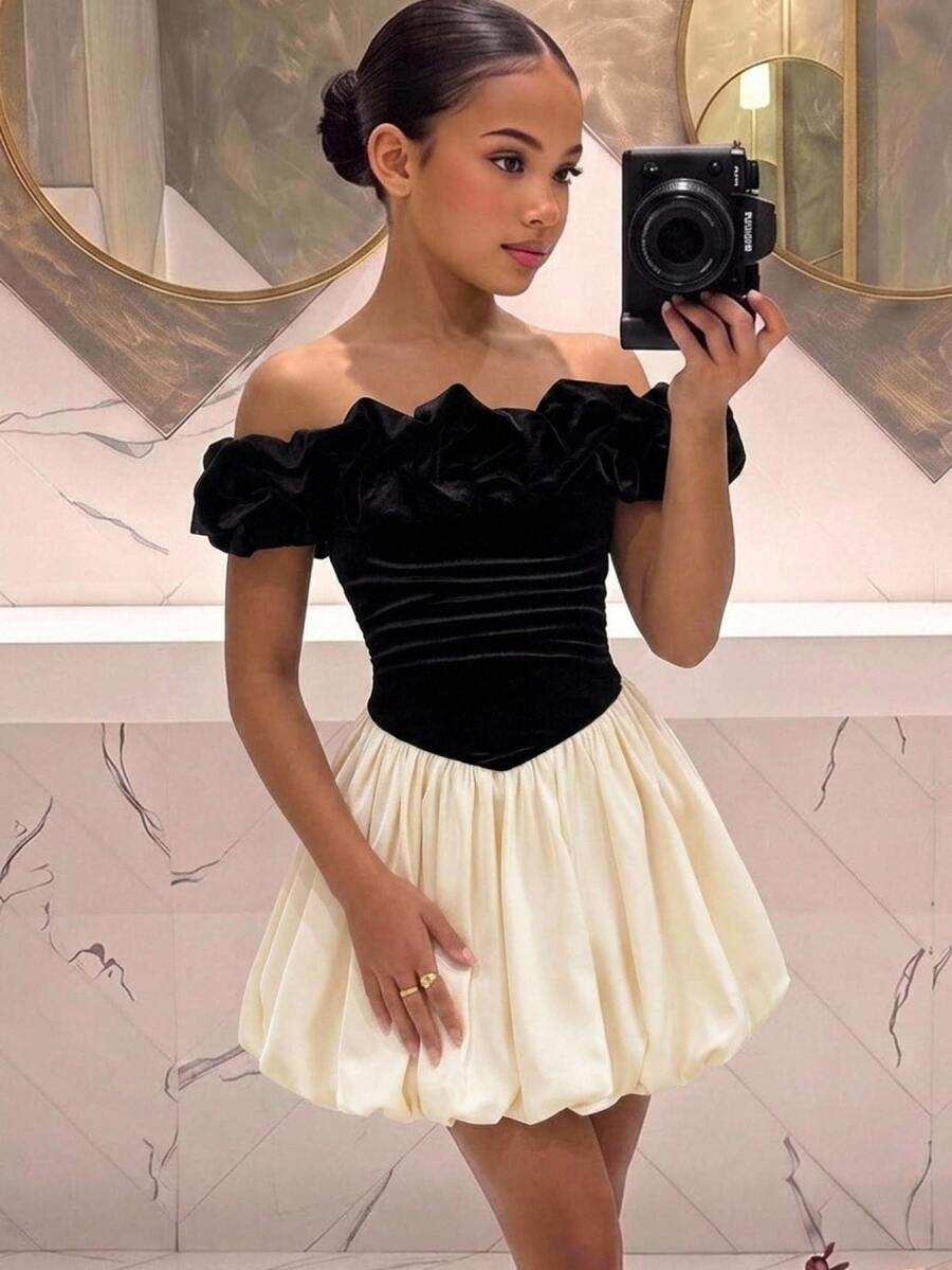 Pitira 青少年女孩天鵝絨珠飾裝飾黑白對比色露肩收腰洋裝,優雅休閒日常穿著,派對造型,姐妹拍照拍攝,親子套裝 - 黑色 - 查看 1