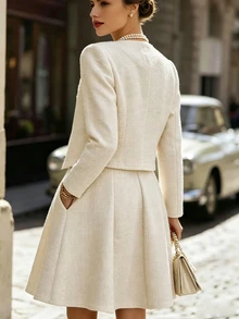 SHEIN Gaun Rompi Tweed Wanita dengan Saku dan Jaket Dekorasi Mutiara Imitasi untuk Pesta dan Minum Teh Sore - Aprikot - View 2