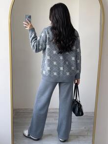 Solavon Women's Letter Print Long Sleeve Top And Pants Casual Daily Knit 2 Pieces Set - Blue - View 2