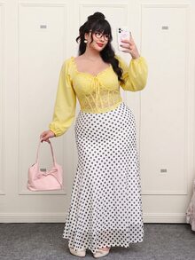 Comfortcana 淡黃色法式燈籠袖蕾絲拼接方領墊胸浪漫純欲風大尺碼女款上衣，適合約會與派對，秋季穿搭 - 鵝黃色 - 查看 4