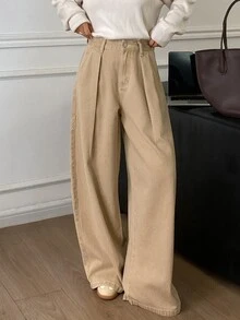 DAZY 女款素色寬鬆百褶寬腿長褲 休閒度假日常 秋冬牛仔褲 - 卡其色 - 查看 6