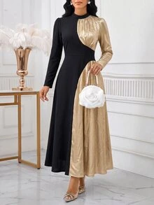SHEIN Lady Gaun Elegan Wanita dengan Kerah Tegak dan Lengan Panjang Mengembang, Motif Blok Warna - Hitam - View 6