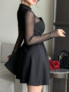 DAZY Women's Elegant Mesh Patchwork Cinched Waist Midi Dress For Party And Gathering - Black - View 4