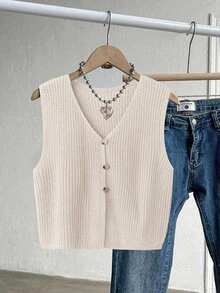 Franclia Plus Size Women Solid Color Casual Daily Wear Knit Vest - Apricot - View 1
