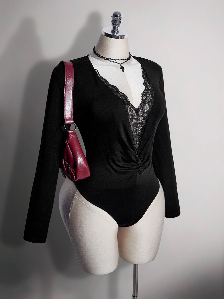 SHEIN ICON Women Plus Size Lace Patchwork Casual Daily Long Sleeve Bodysuit - Black - View 1