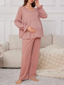 Moonlight&Mama 純色寬鬆喇叭袖前開襟V領孕婦居家服套裝 - 粉色 - 查看 6