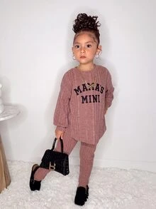 Young Girl Solid Color Letter Print Long Sleeve T-Shirt And Pants Set - Pink - View 3