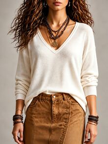 SHEIN Women's Autumn/Winter Loose Casual Knit V-Neck Elegant Pullover Sweater - Apricot - View 4