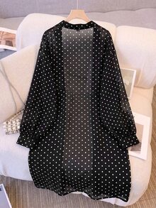 SHEIN CURVE+ 夏季薄款長袖波點開襟大尺碼針織外套 秋季 - 黑與白 - 查看 2