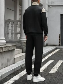 Manfinity Homme 新款男士半拉鍊立領休閒套裝，米色與黑色拼接設計，3D紋理提花面料，寬鬆版型衛衣搭配錐形長褲，適合通勤日常運動，年輕與中年男士穿著的2件式套頭衛衣套裝 - 黑色 - 查看 4